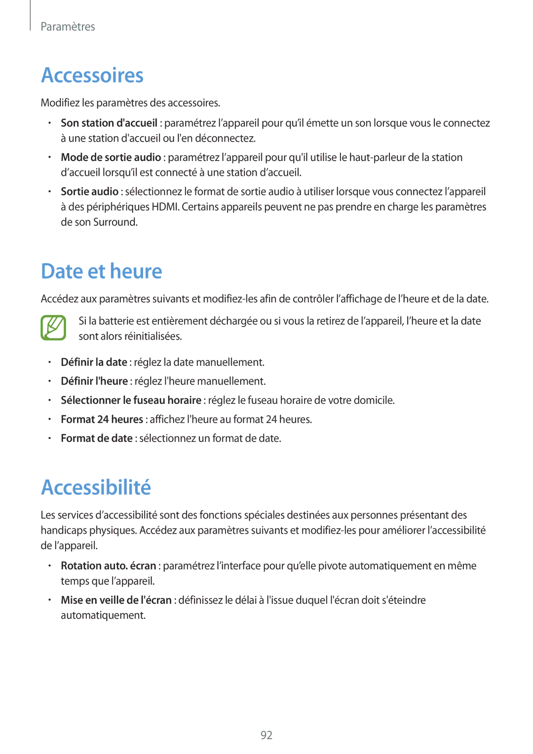 Samsung GT-P5210ZWAFTB, GT-P5210ZWXXEF, GT-P5210GNAXEF, GT-P5210ZWEXEF manual Accessoires, Date et heure, Accessibilité 