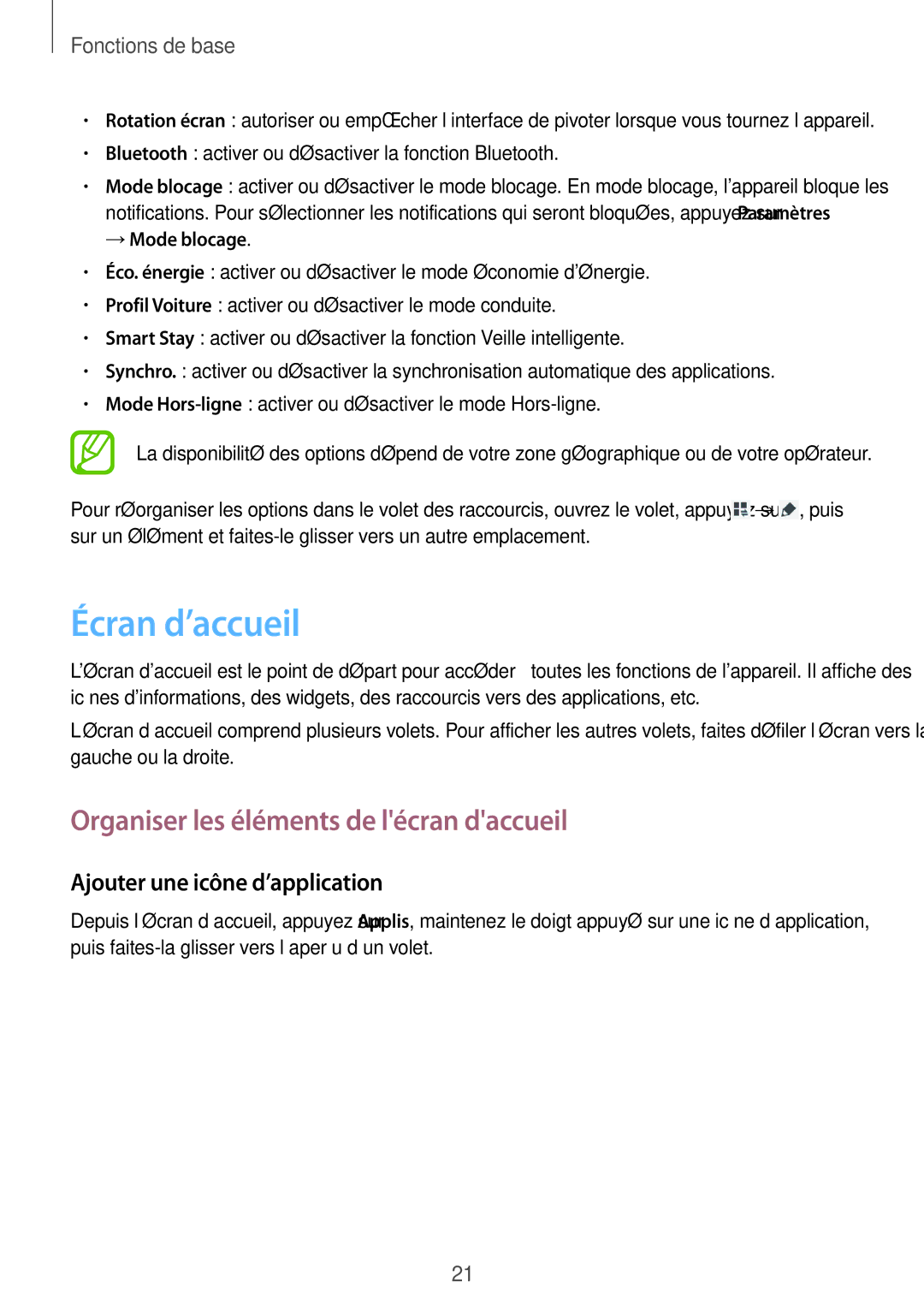 Samsung GT-P5210ZWEXEF manual Écran d’accueil, Organiser les éléments de lécran daccueil, Ajouter une icône d’application 