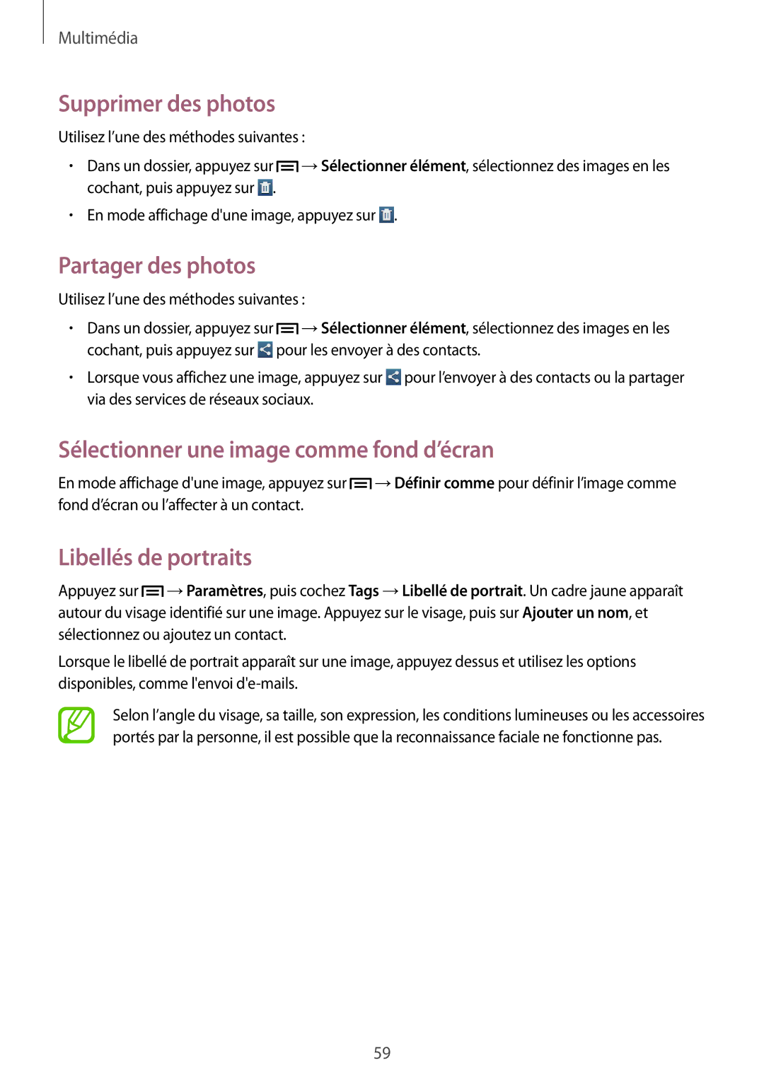 Samsung GT-P5210ZWAXEF manual Supprimer des photos, Partager des photos, Sélectionner une image comme fond d’écran 