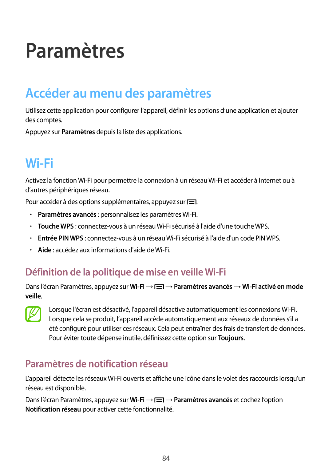 Samsung GT-P5210ZWEXEF, GT-P5210ZWXXEF manual Accéder au menu des paramètres, Wi-Fi, Paramètres de notification réseau 