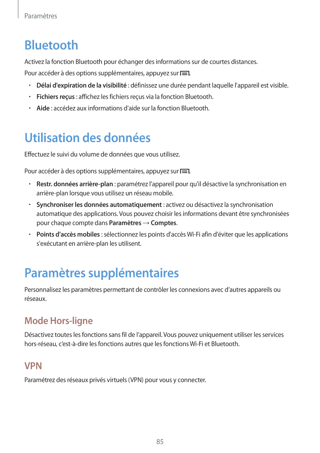 Samsung GT-P5210GRAXEF, GT-P5210ZWXXEF, GT-P5210GNAXEF Utilisation des données, Paramètres supplémentaires, Mode Hors-ligne 