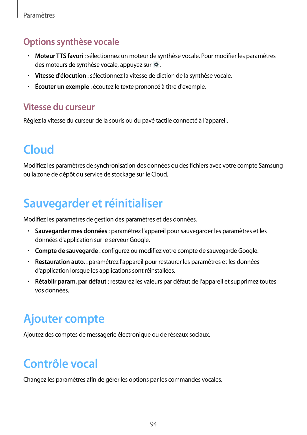 Samsung GT-P5210GRAXEF, GT-P5210ZWXXEF, GT-P5210GNAXEF Cloud, Sauvegarder et réinitialiser, Ajouter compte, Contrôle vocal 