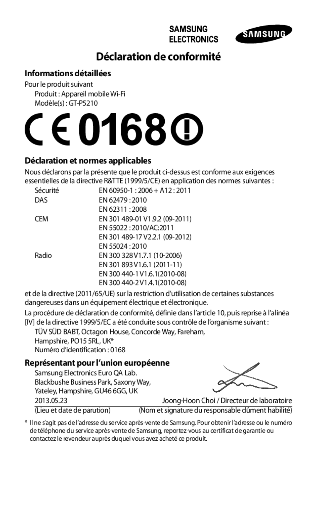 Samsung GT-P5210ZWXXEF Informations détaillées, Déclaration et normes applicables, Représentant pour l’union européenne 