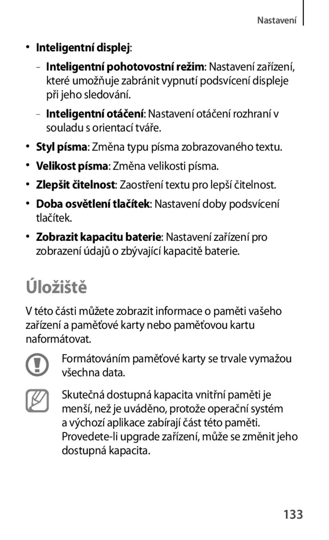 Samsung GT-P5220ZWAVDC, GT-P5220GNASWC manual Úložiště, 133, Inteligentní displej, Velikost písma Změna velikosti písma 