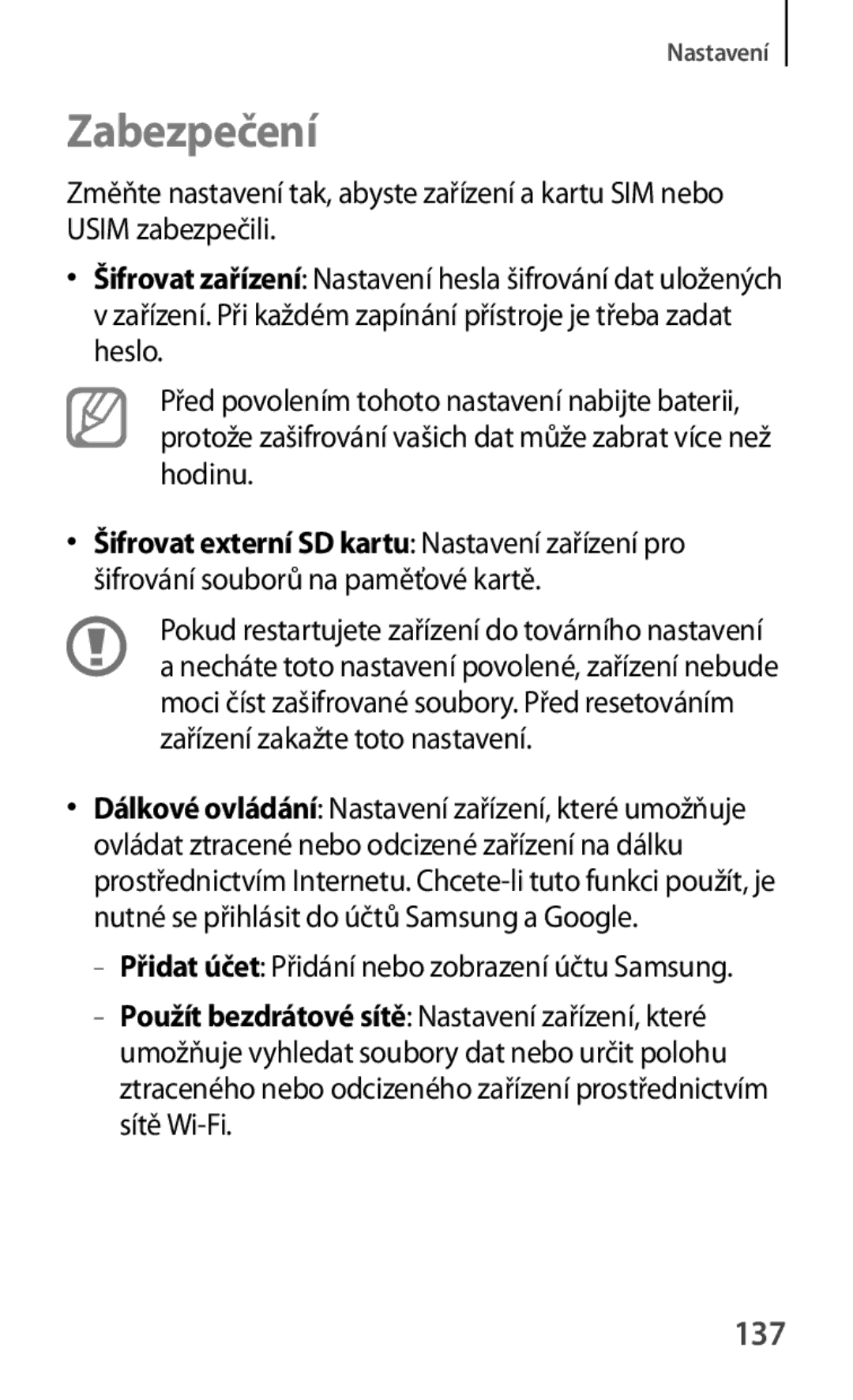 Samsung GT-P5220ZWAORL, GT-P5220GNASWC, GT-P5220MKAAUT, GT-P5220ZWACOS, GT-P5220GNAAUT, GT-P5220ZWAVDC manual Zabezpečení, 137 