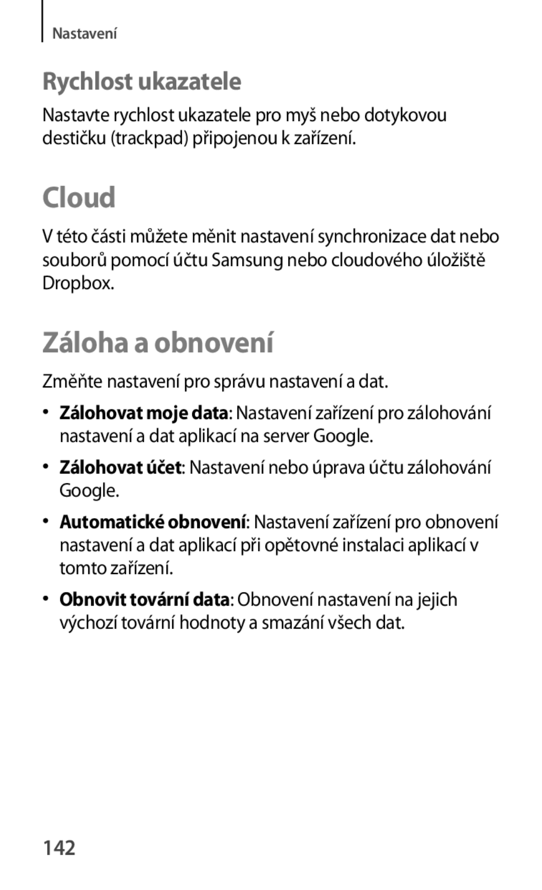 Samsung GT-P5220GNAVDC Cloud, Záloha a obnovení, Rychlost ukazatele, 142, Změňte nastavení pro správu nastavení a dat 