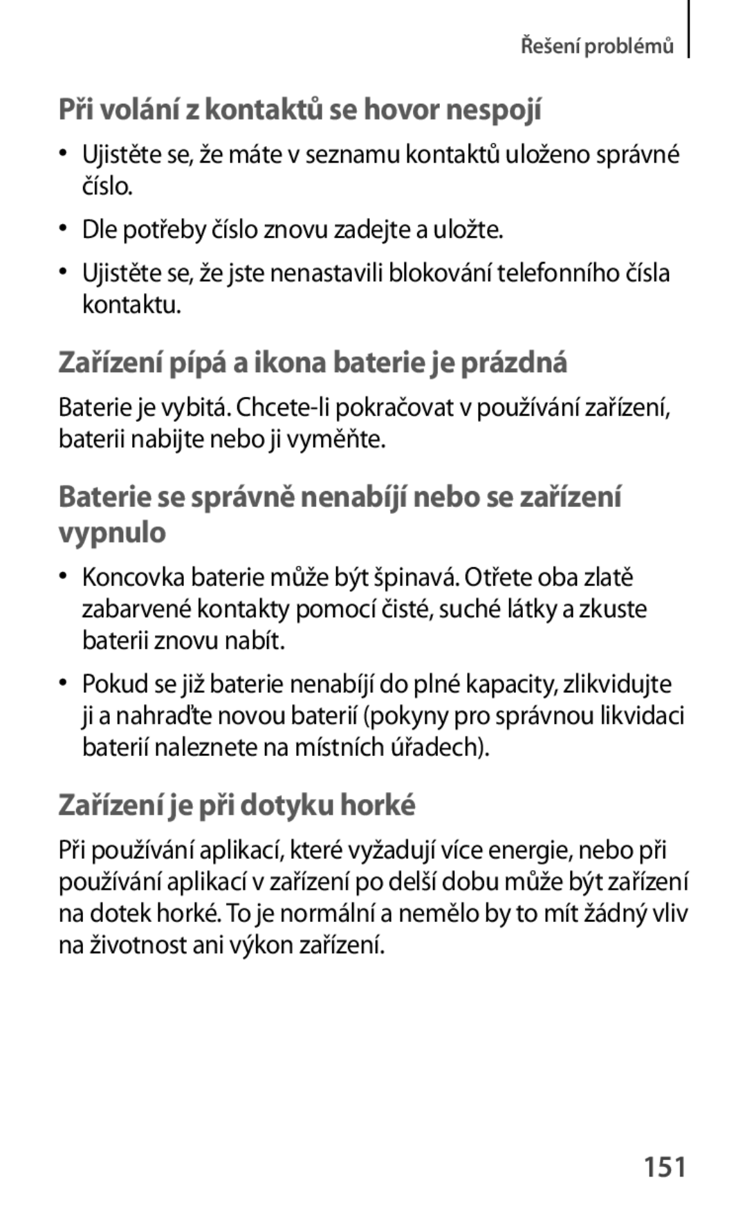 Samsung GT-P5220ZWAAUT, GT-P5220GNASWC, GT-P5220ZWAORL, GT-P5220MKAAUT manual Při volání z kontaktů se hovor nespojí, 151 