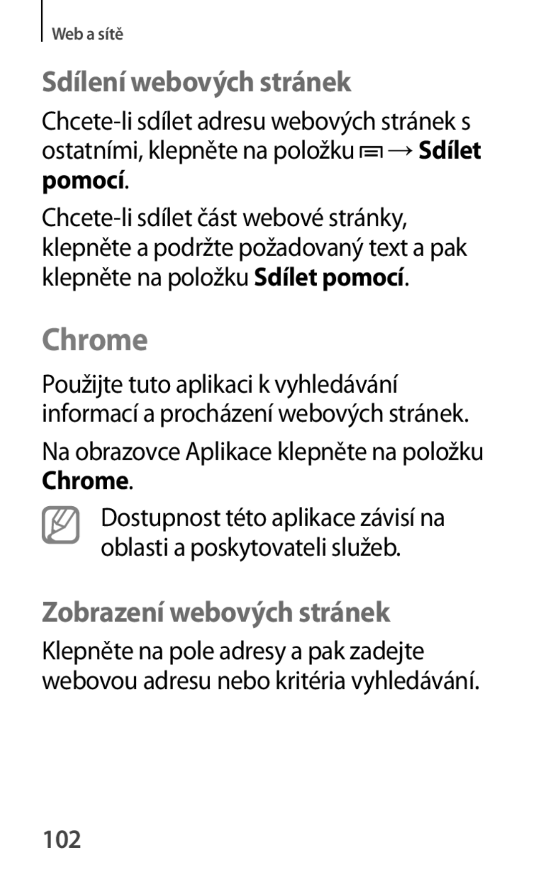 Samsung GT-P5220GNAVDC, GT-P5220GNASWC, GT-P5220ZWAORL, GT-P5220MKAAUT, GT-P5220ZWACOS Chrome, Sdílení webových stránek, 102 