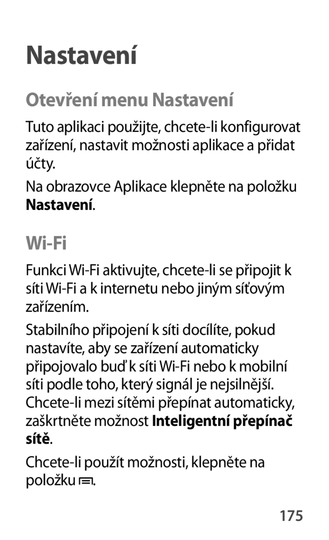 Samsung GT-P5220ZWAAUT, GT-P5220GNASWC Otevření menu Nastavení, Wi-Fi, Chcete-li použít možnosti, klepněte na položku, 175 