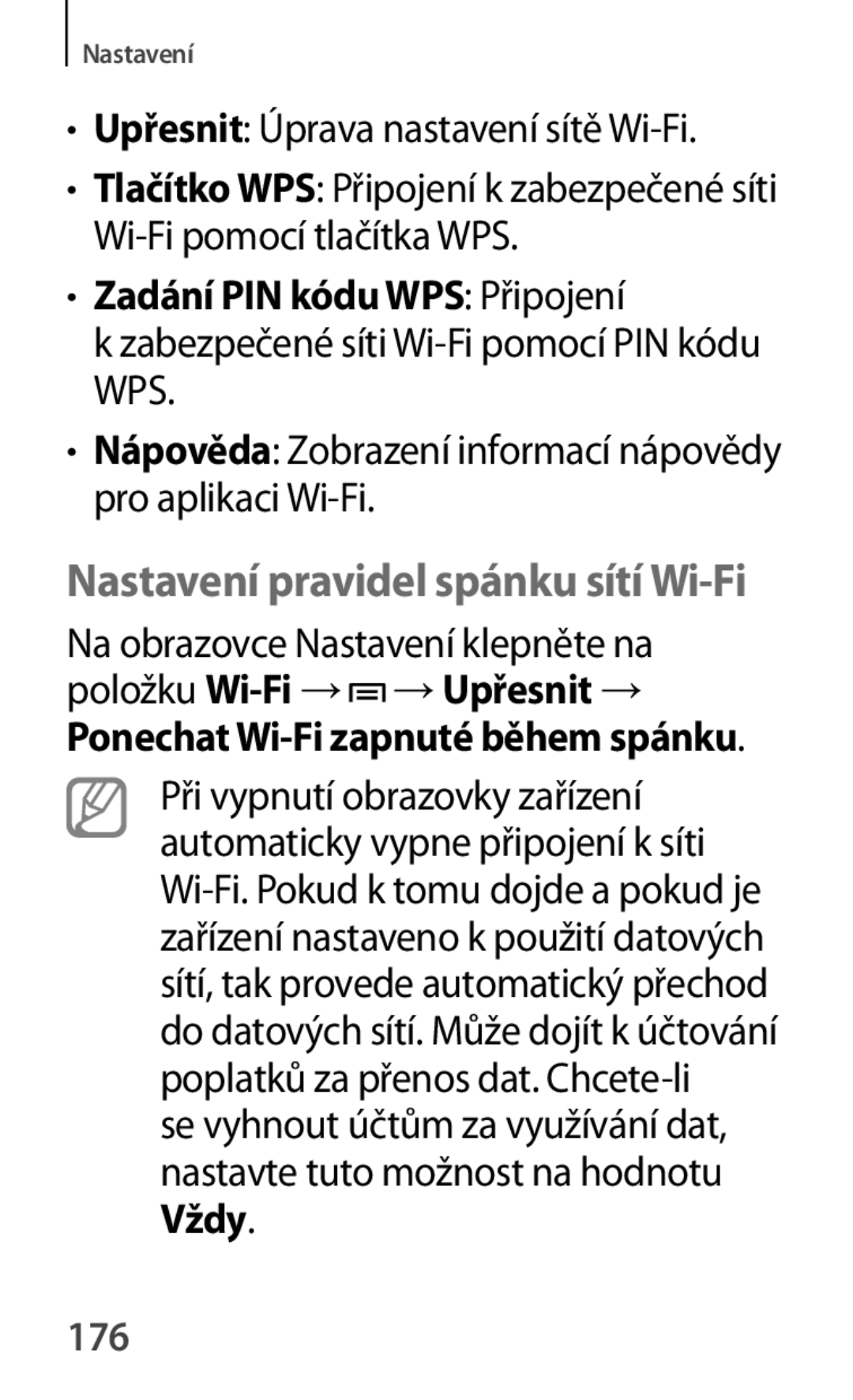 Samsung GT-P5220GNASWC, GT-P5220ZWAORL manual Zadání PIN kódu WPS Připojení, Ponechat Wi-Fi zapnuté během spánku, Vždy, 176 