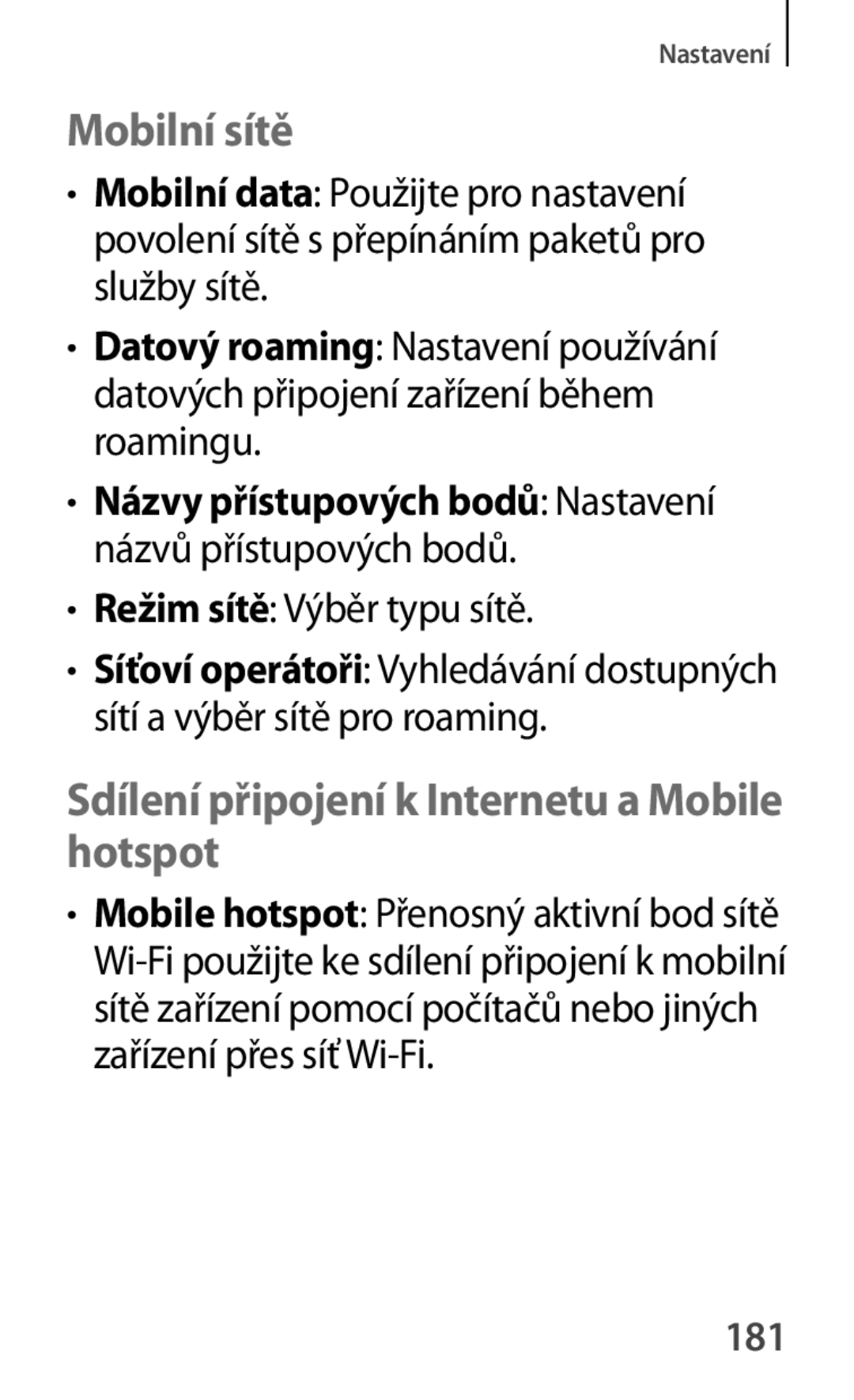 Samsung GT-P5220ZWAVDC manual Mobilní sítě, Sdílení připojení k Internetu a Mobile hotspot, Režim sítě Výběr typu sítě, 181 