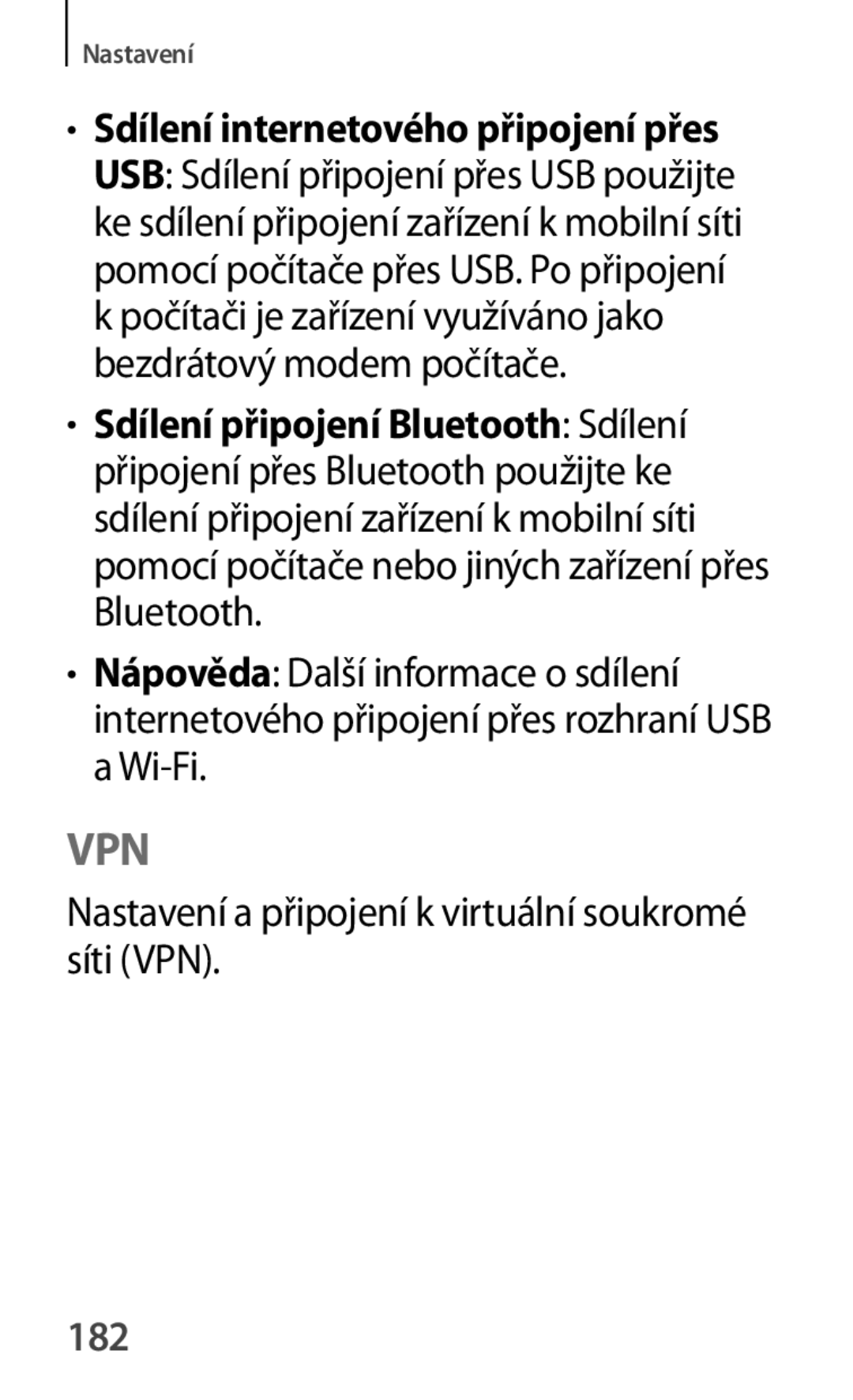 Samsung GT-P5220GNAVDC Sdílení internetového připojení přes, Nastavení a připojení k virtuální soukromé síti VPN, 182 