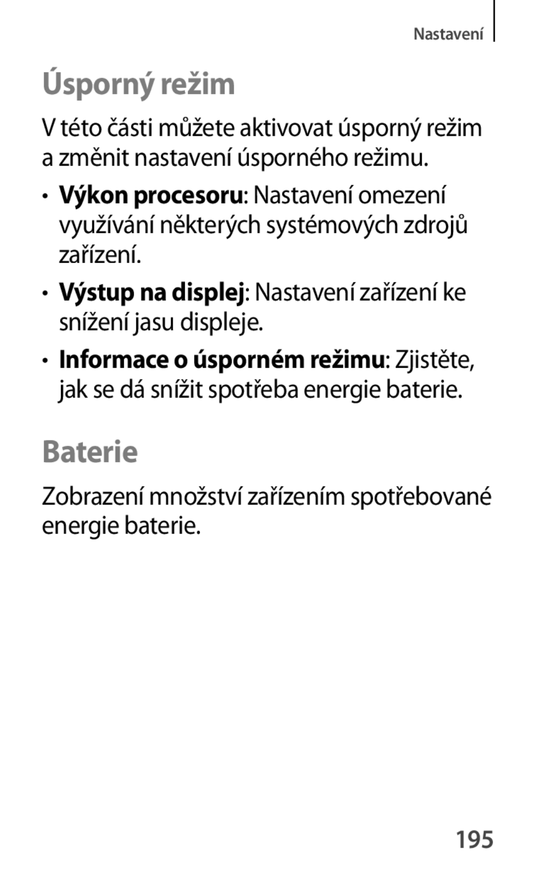 Samsung GT-P5220ZWACOS manual Úsporný režim, Baterie, Zobrazení množství zařízením spotřebované energie baterie, 195 