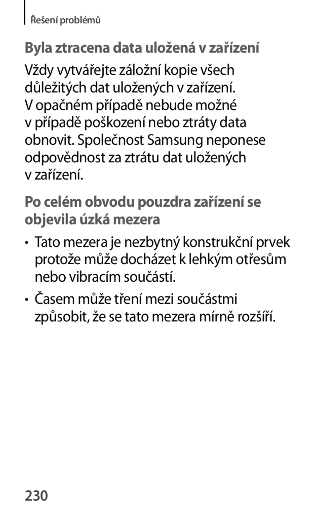 Samsung GT-P5220GNAVDC, GT-P5220GNASWC, GT-P5220ZWAORL, GT-P5220MKAAUT manual Byla ztracena data uložená v zařízení, 230 