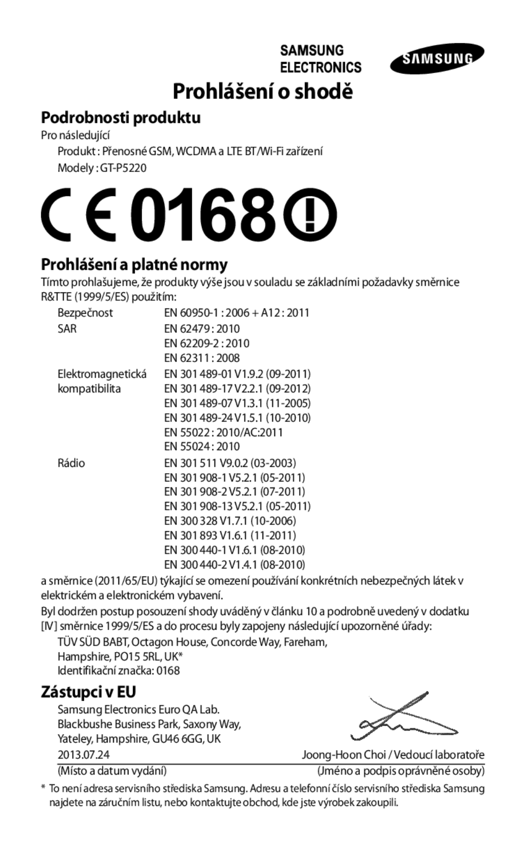 Samsung GT-P5220ZWAORL, GT-P5220GNASWC, GT-P5220MKAAUT, GT-P5220ZWACOS, GT-P5220GNAAUT, GT-P5220ZWAVDC manual Prohlášení o shodě 