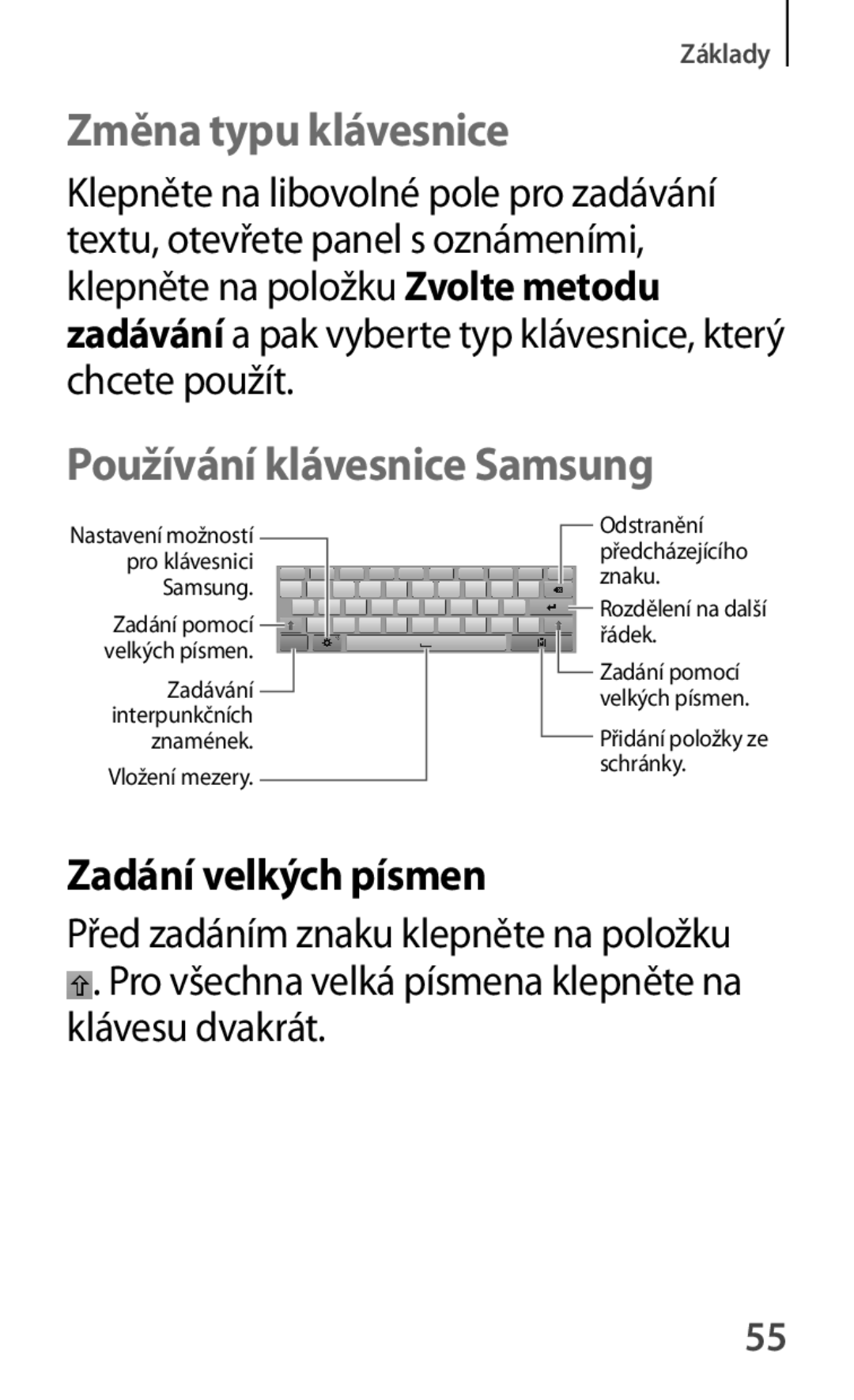 Samsung GT-P5220ZWAAUT, GT-P5220GNASWC manual Změna typu klávesnice, Používání klávesnice Samsung, Zadání velkých písmen 