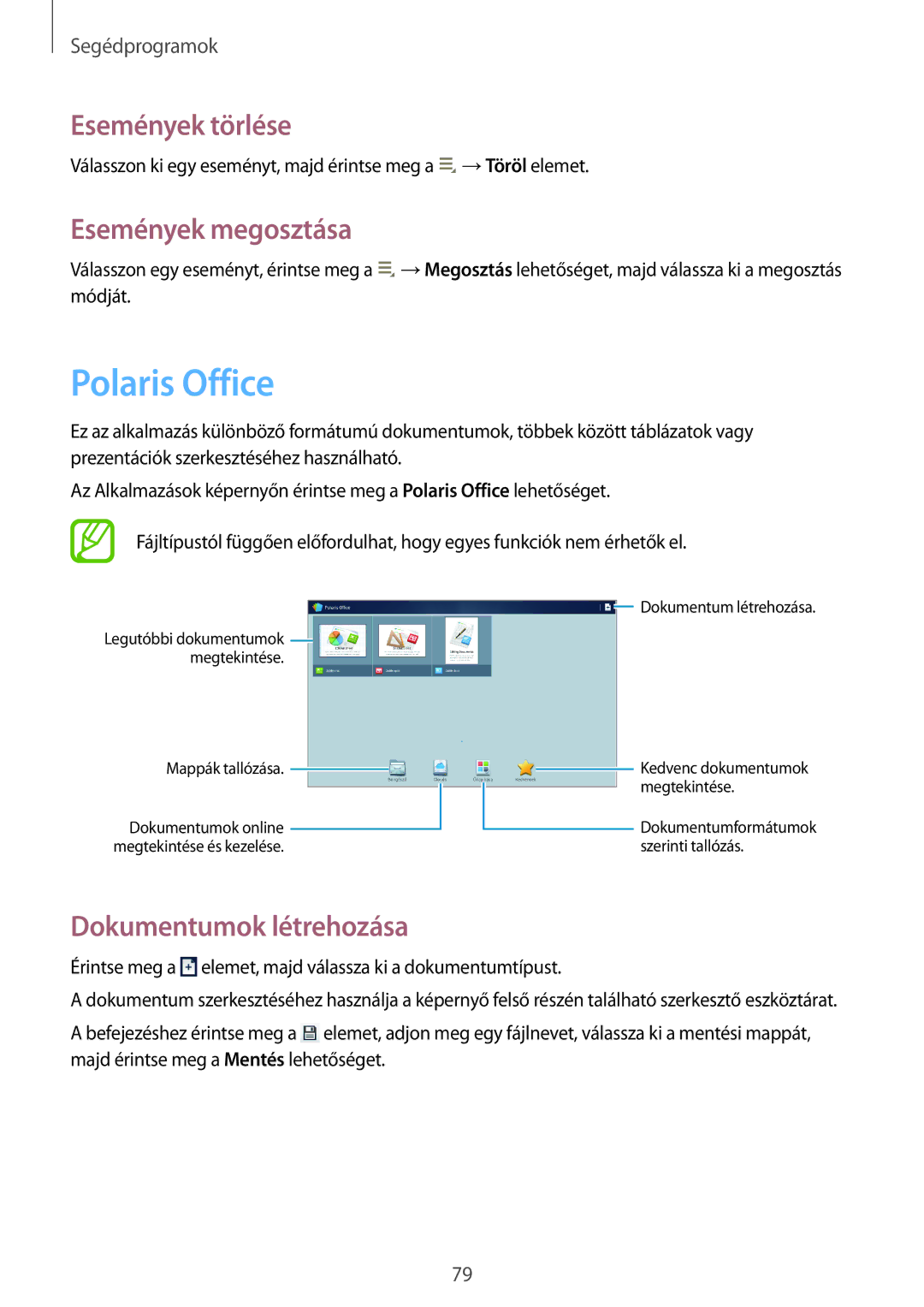 Samsung GT-P5220ZWATMH, GT-P5220GNASWC Polaris Office, Események törlése, Események megosztása, Dokumentumok létrehozása 