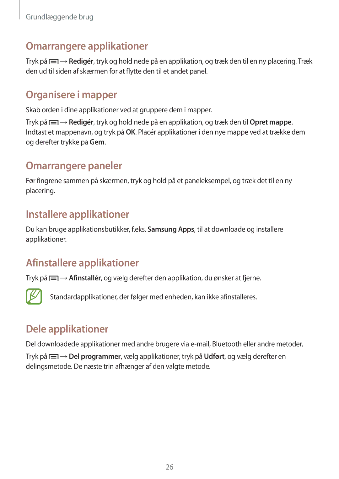 Samsung GT-P5220GNANEE manual Omarrangere applikationer, Organisere i mapper, Installere applikationer, Dele applikationer 