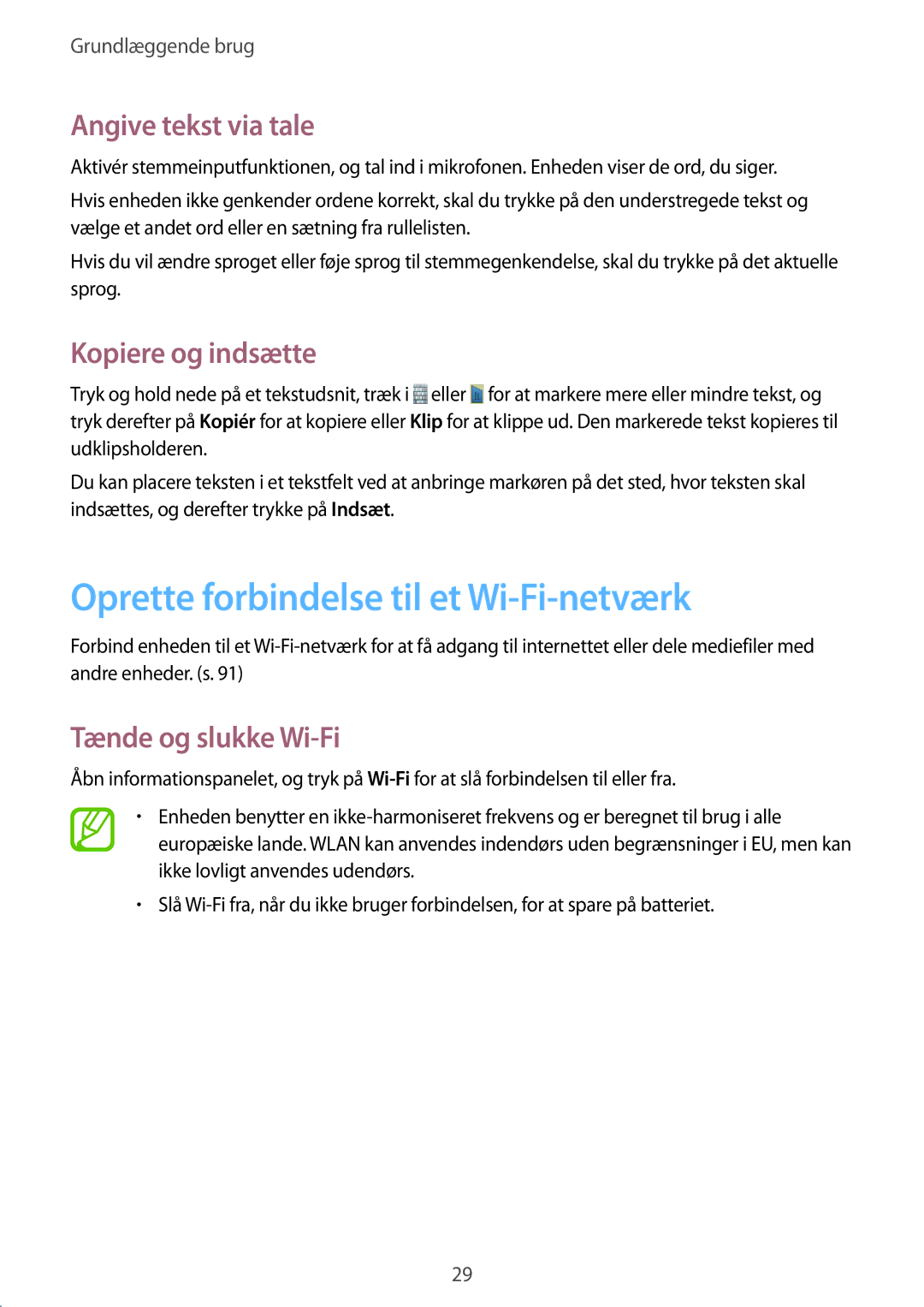 Samsung GT-P5220ZWENEE manual Oprette forbindelse til et Wi-Fi-netværk, Angive tekst via tale, Kopiere og indsætte 