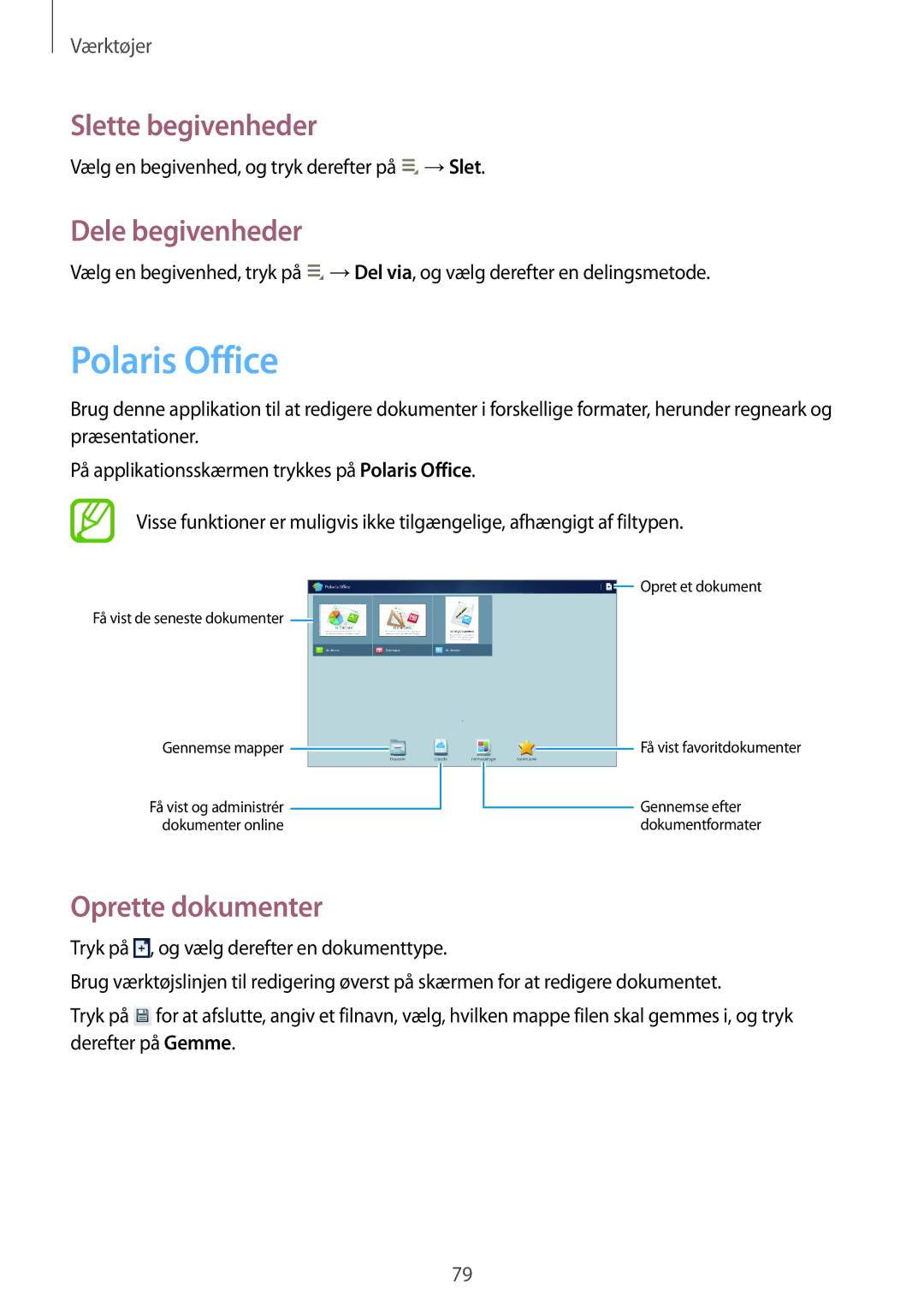Samsung GT-P5220GNENEE, GT-P5220GRENEE manual Polaris Office, Slette begivenheder, Dele begivenheder, Oprette dokumenter 