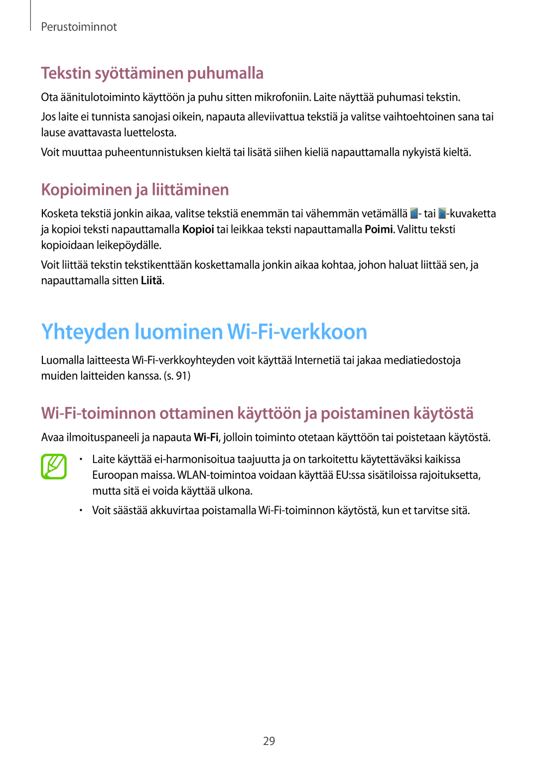 Samsung GT-P5220ZWENEE manual Yhteyden luominen Wi-Fi-verkkoon, Tekstin syöttäminen puhumalla, Kopioiminen ja liittäminen 