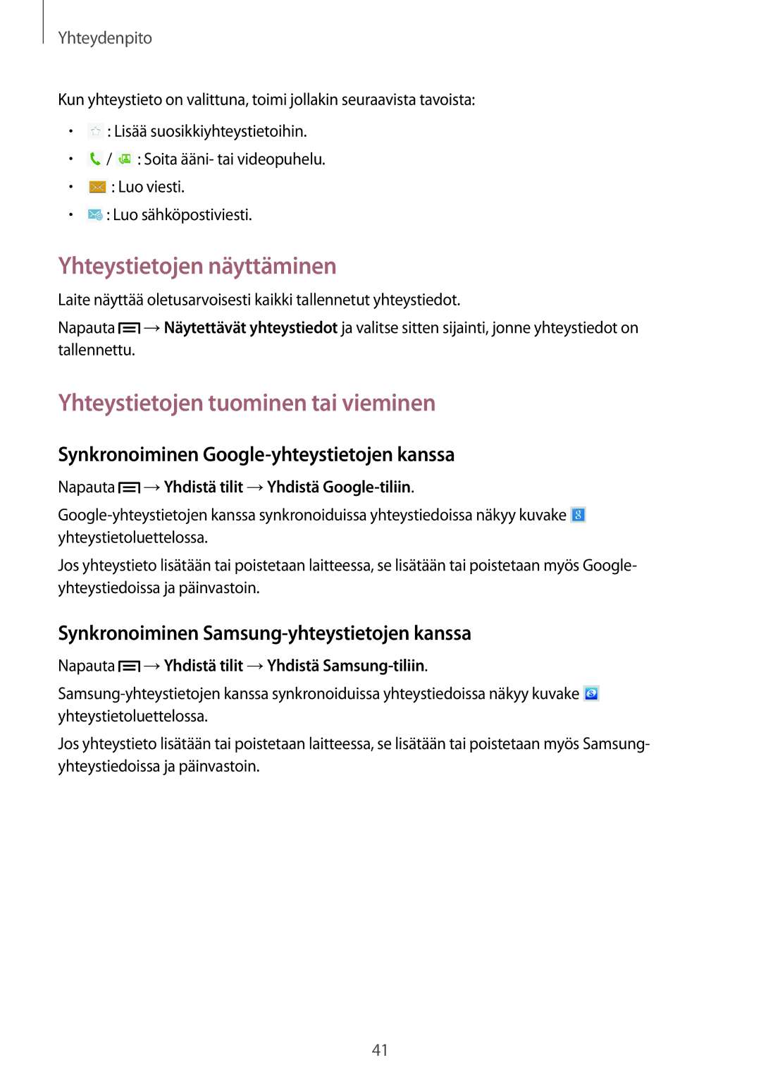 Samsung GT-P5220ZWENEE, GT-P5220GRENEE, GT-P5220GNENEE Yhteystietojen näyttäminen, Yhteystietojen tuominen tai vieminen 