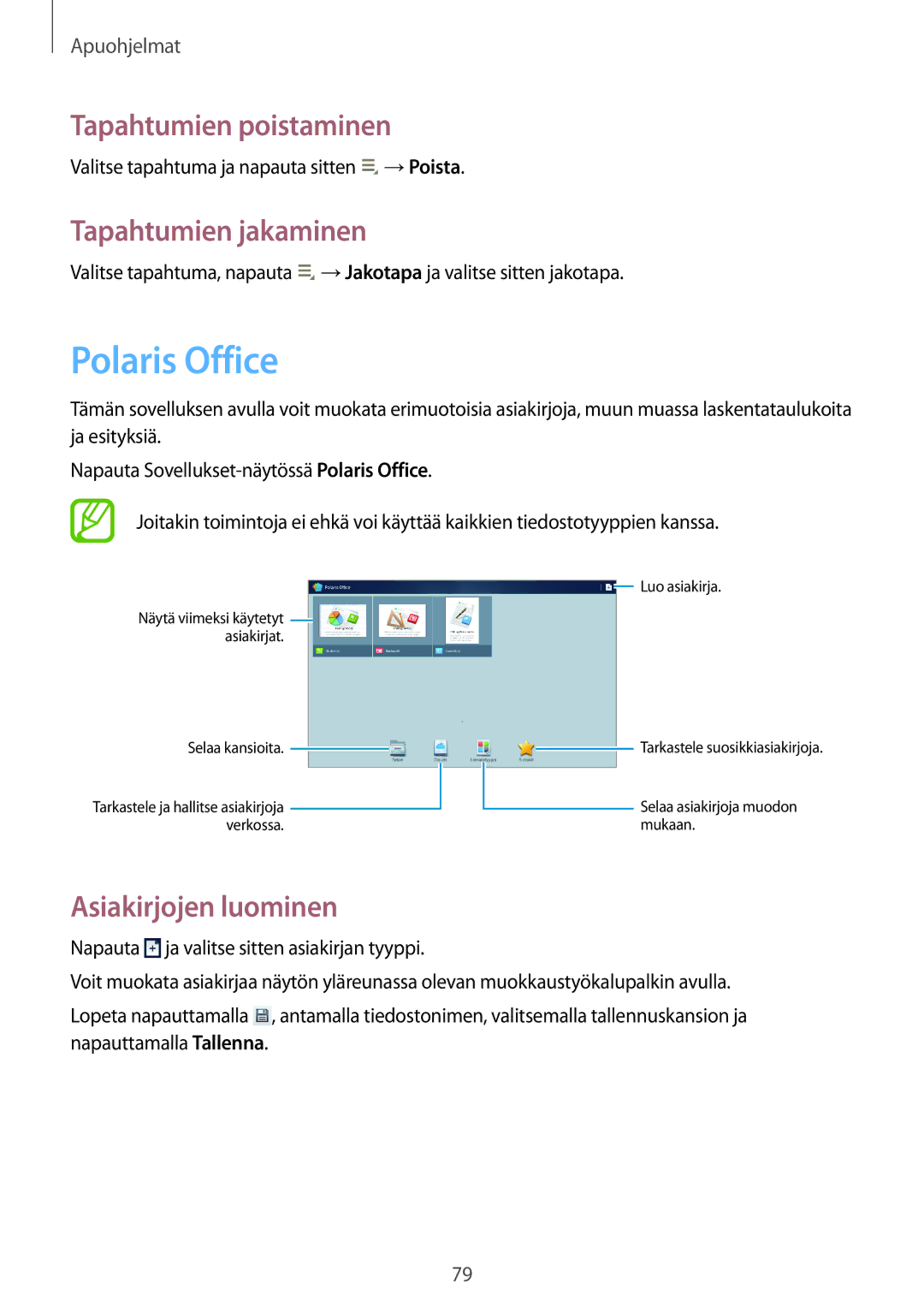 Samsung GT-P5220GNENEE manual Polaris Office, Tapahtumien poistaminen, Tapahtumien jakaminen, Asiakirjojen luominen 