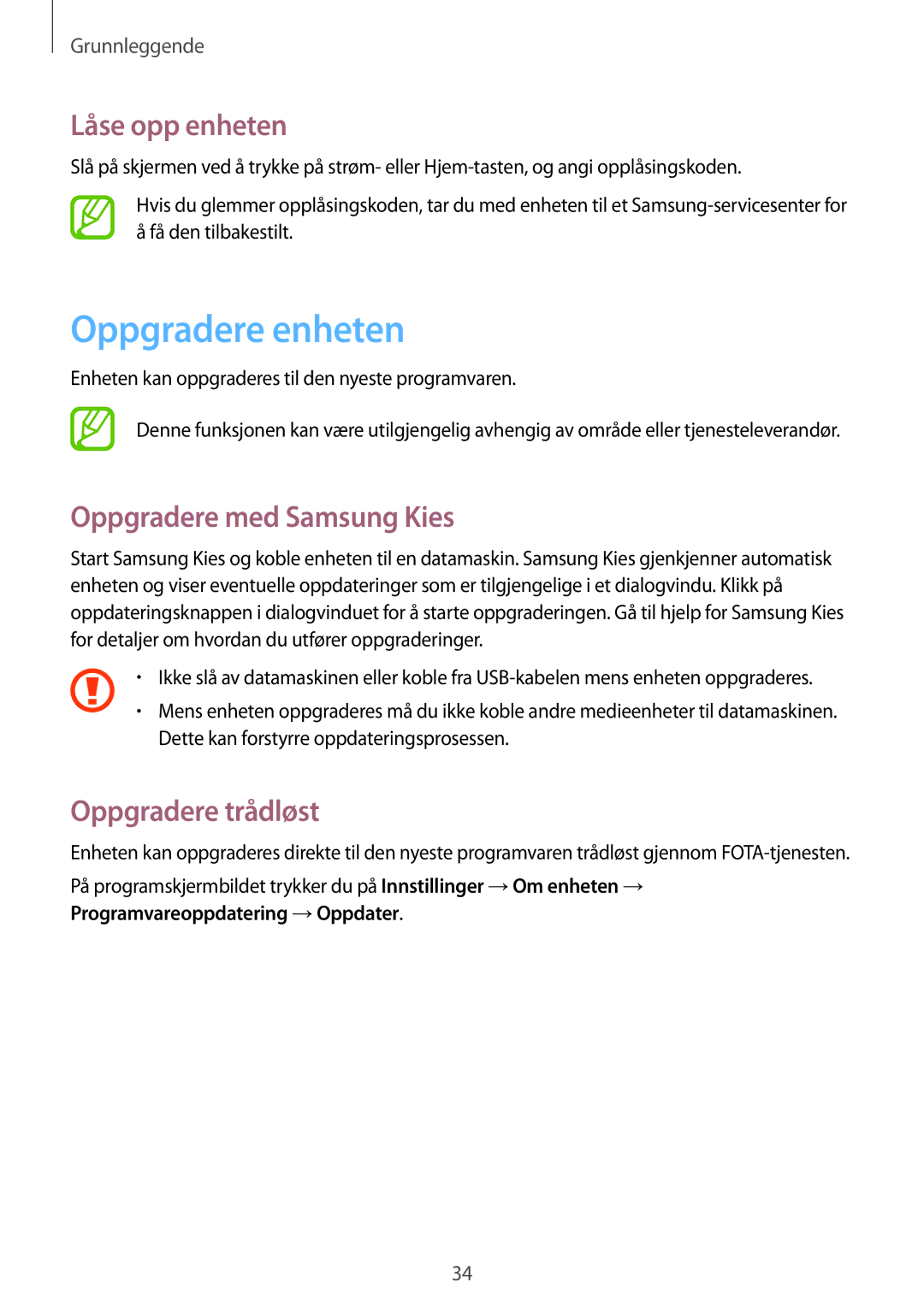 Samsung GT-P5220MKENEE manual Oppgradere enheten, Låse opp enheten, Oppgradere med Samsung Kies, Oppgradere trådløst 