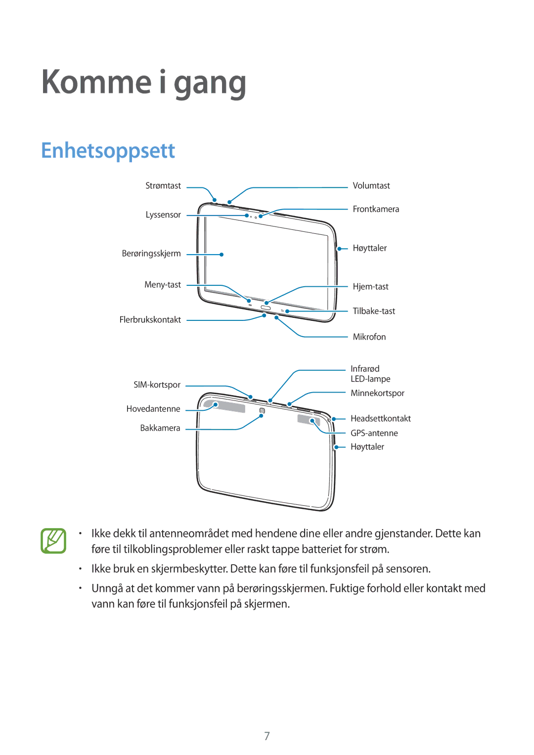 Samsung GT-P5220GNENEE, GT-P5220GRENEE, GT-P5220GNANEE, GT-P5220ZWANEE, GT-P5220MKENEE manual Komme i gang, Enhetsoppsett 