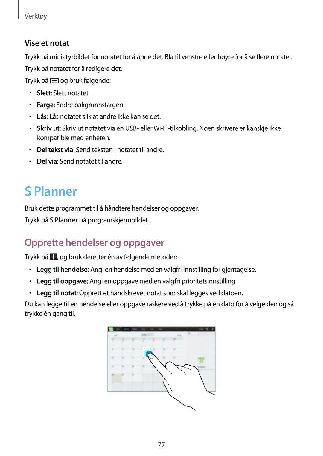 Samsung GT-P5220ZWENEE, GT-P5220GRENEE, GT-P5220GNENEE manual Planner, Opprette hendelser og oppgaver, Vise et notat 