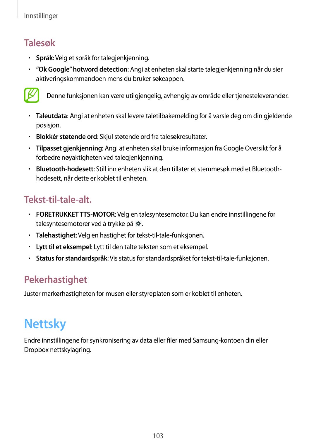 Samsung GT-P5220GNENEE manual Talesøk, Tekst-til-tale-alt, Pekerhastighet, Språk Velg et språk for talegjenkjenning 