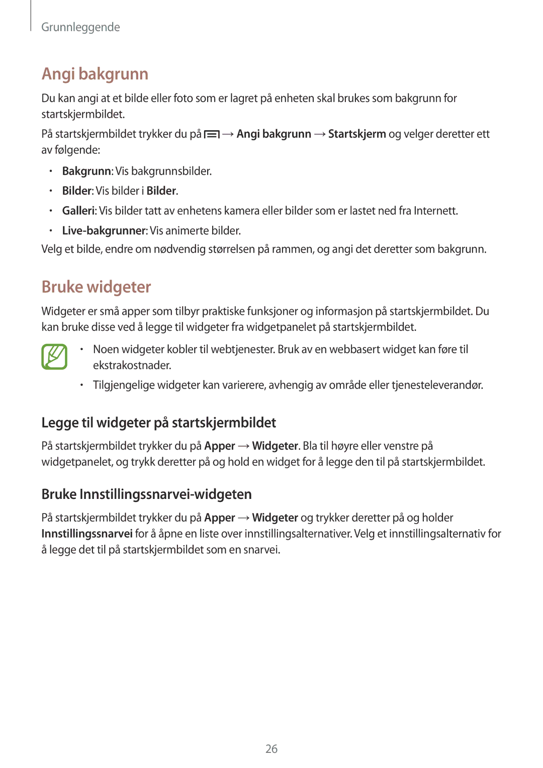 Samsung GT-P5220GNANEE, GT-P5220GRENEE manual Angi bakgrunn, Bruke widgeter, Legge til widgeter på startskjermbildet 