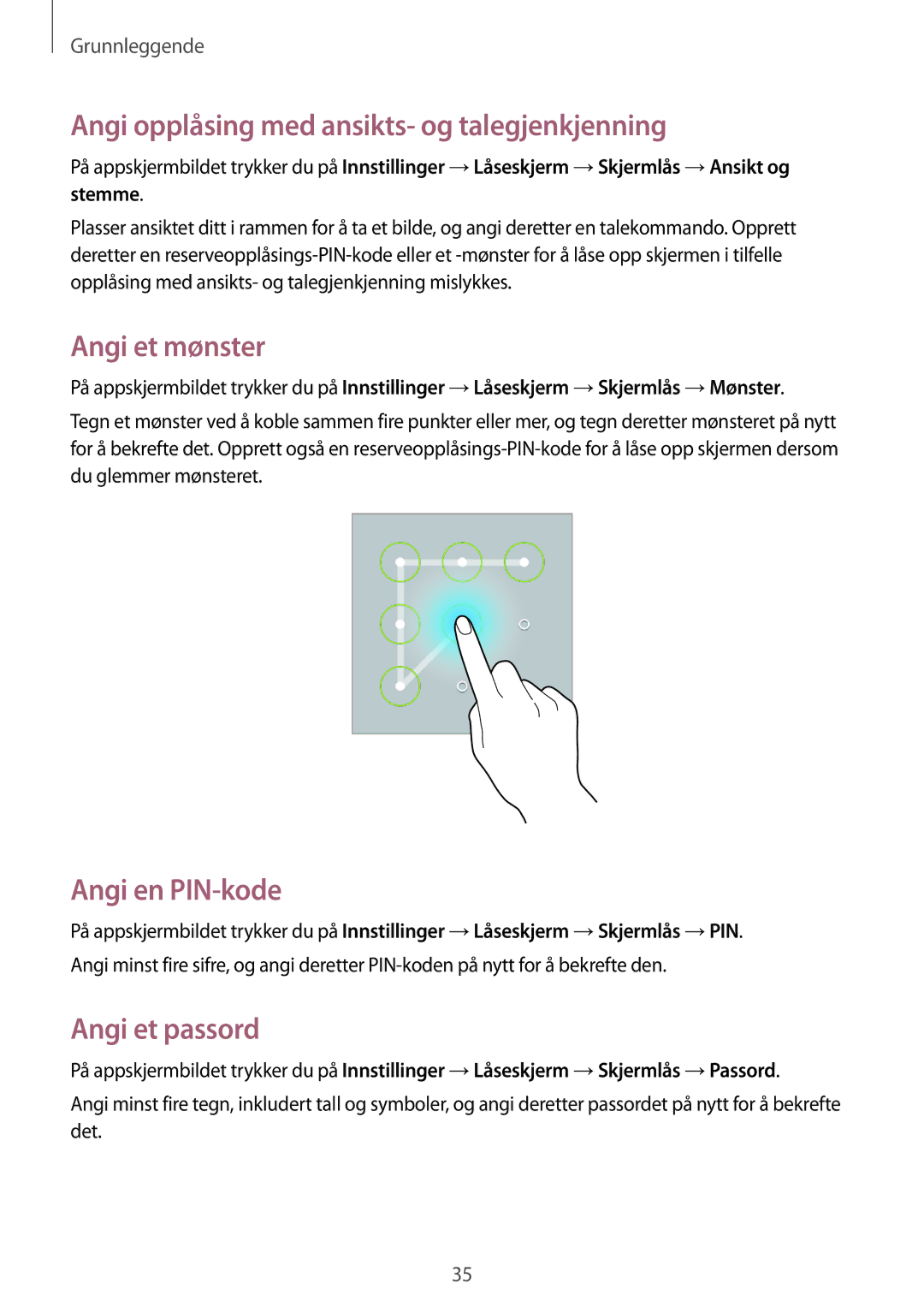 Samsung GT-P5220ZWENEE Angi opplåsing med ansikts- og talegjenkjenning, Angi et mønster, Angi en PIN-kode, Angi et passord 