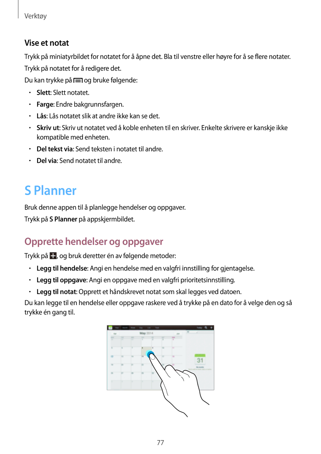 Samsung GT-P5220ZWENEE, GT-P5220GRENEE, GT-P5220GNENEE manual Planner, Opprette hendelser og oppgaver, Vise et notat 