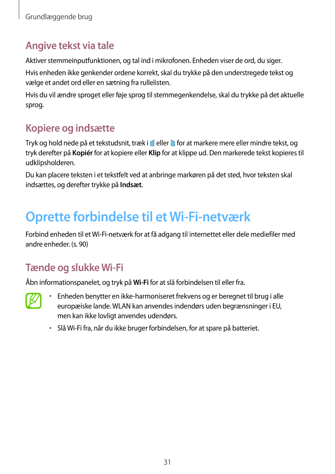 Samsung GT-P5220GNENEE manual Oprette forbindelse til et Wi-Fi-netværk, Angive tekst via tale, Kopiere og indsætte 