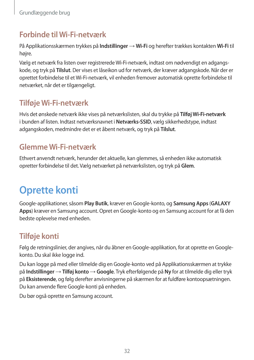 Samsung GT-P5220GNANEE manual Oprette konti, Forbinde til Wi-Fi-netværk, Tilføje Wi-Fi-netværk, Glemme Wi-Fi-netværk 