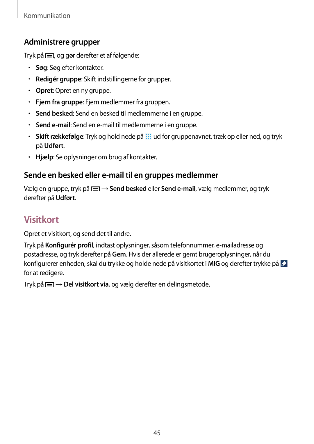 Samsung GT-P5220ZWANEE manual Visitkort, Administrere grupper, Sende en besked eller e-mail til en gruppes medlemmer 