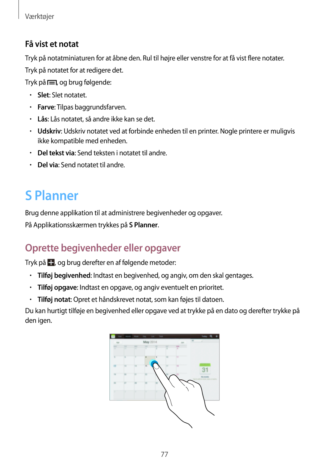 Samsung GT-P5220ZWENEE, GT-P5220GRENEE, GT-P5220GNENEE manual Planner, Oprette begivenheder eller opgaver, Få vist et notat 