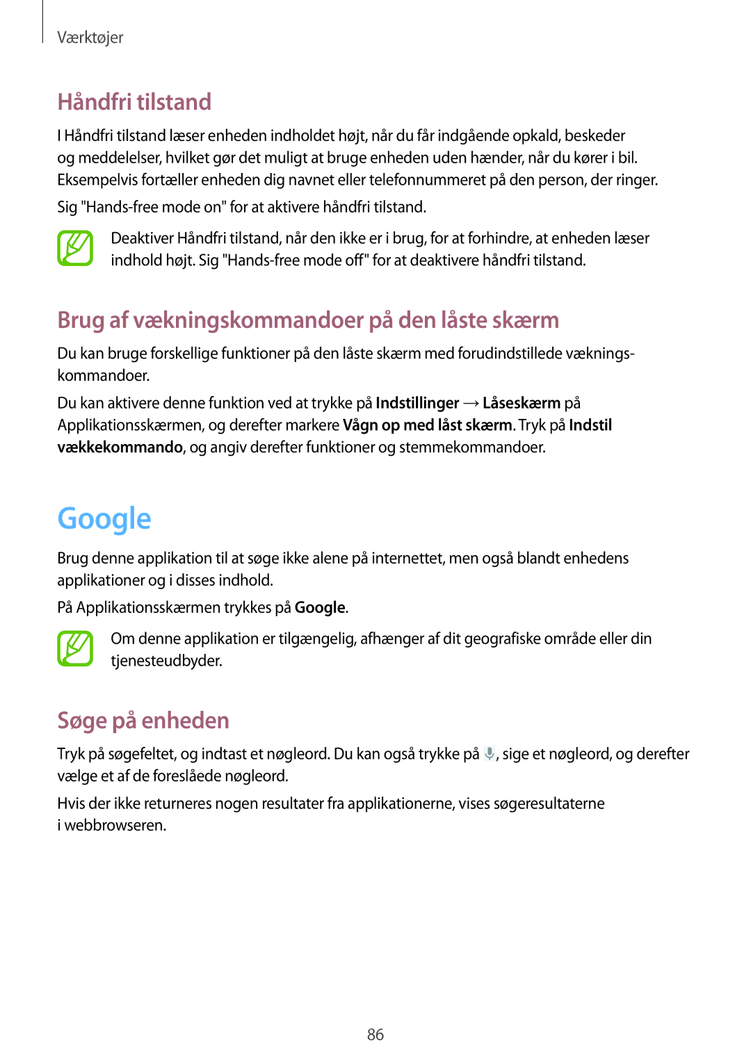 Samsung GT-P5220GNANEE manual Google, Håndfri tilstand, Brug af vækningskommandoer på den låste skærm, Søge på enheden 