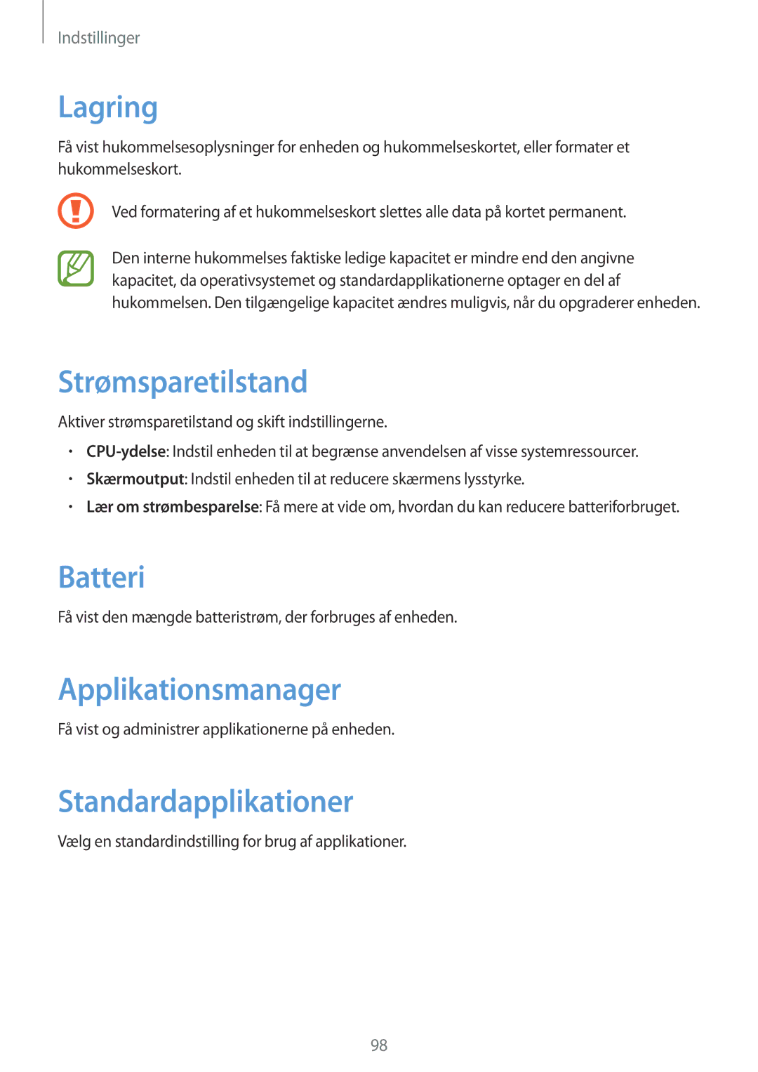 Samsung GT-P5220GNANEE, GT-P5220GRENEE Lagring, Strømsparetilstand, Batteri, Applikationsmanager, Standardapplikationer 