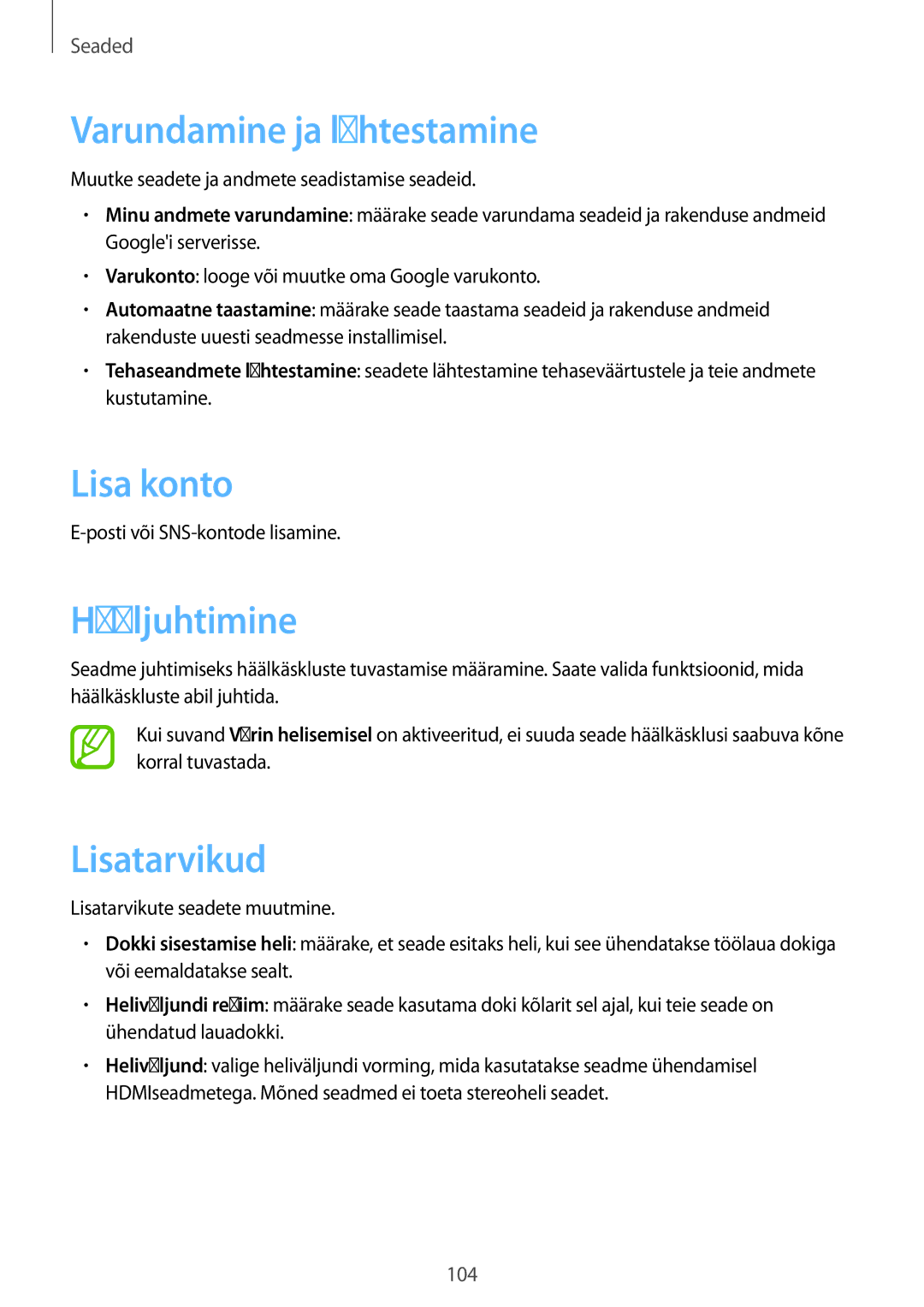 Samsung GT-P5220ZWASEB, GT-P5220MKASEB manual Varundamine ja lähtestamine, Lisa konto, Hääljuhtimine, Lisatarvikud 