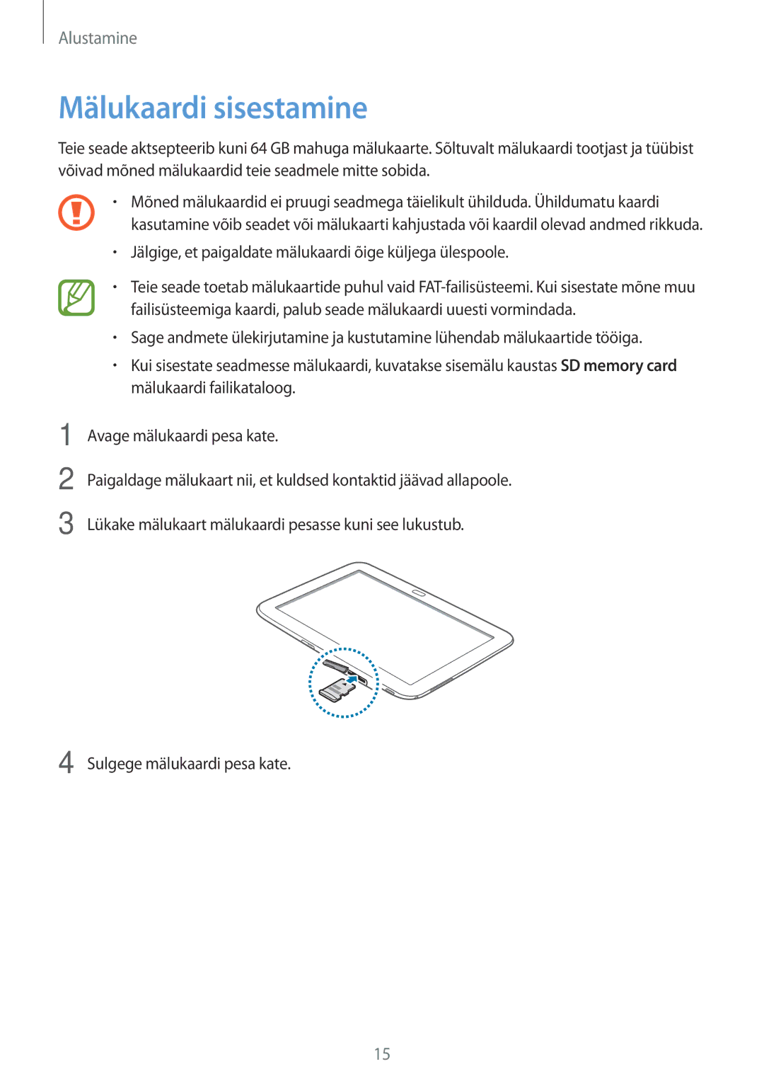 Samsung GT-P5220MKASEB, GT-P5220ZWASEB manual Mälukaardi sisestamine 