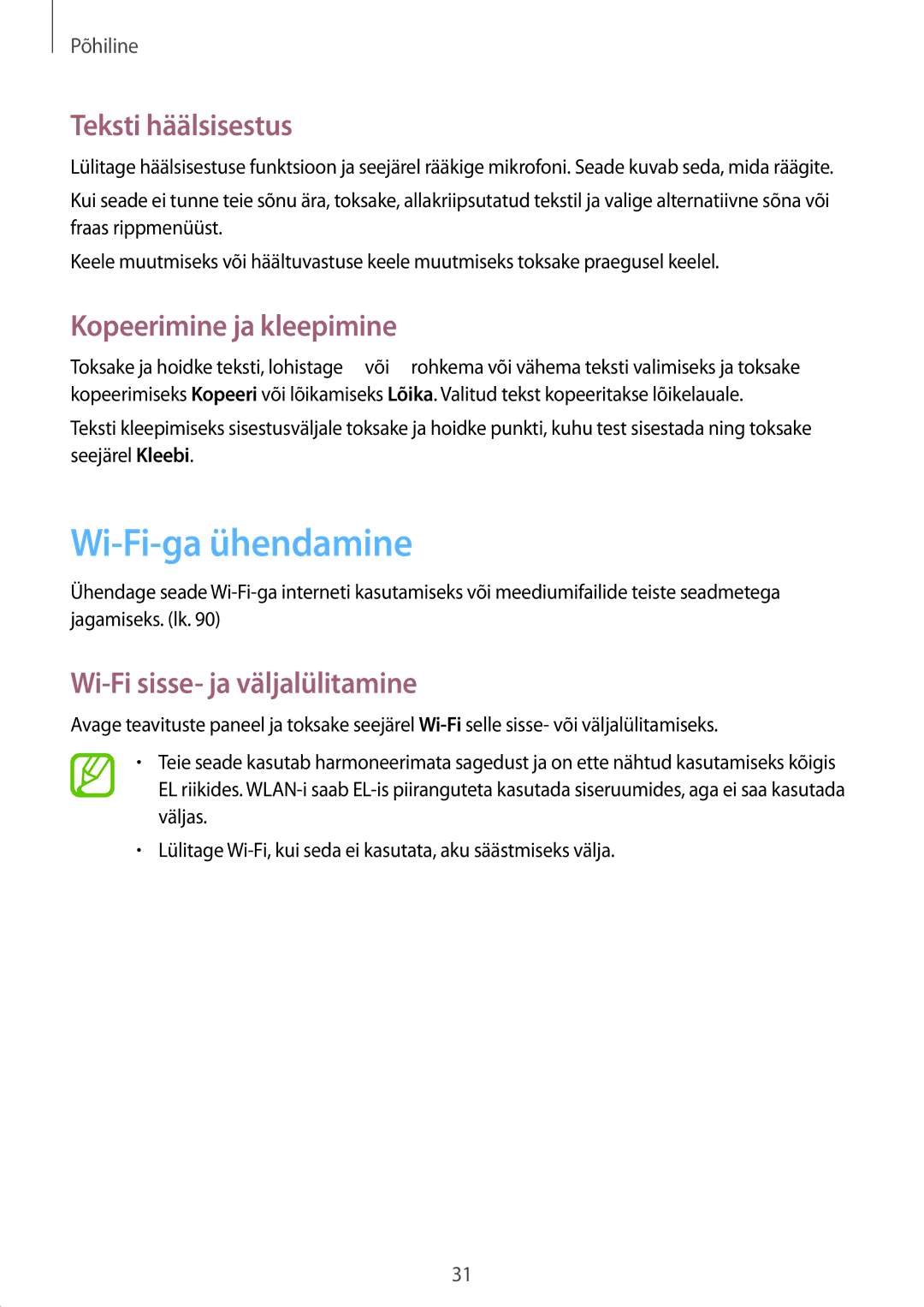 Samsung GT-P5220MKASEB, GT-P5220ZWASEB manual Wi-Fi-ga ühendamine, Teksti häälsisestus, Kopeerimine ja kleepimine 