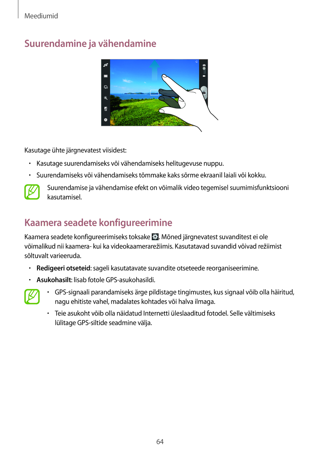 Samsung GT-P5220ZWASEB, GT-P5220MKASEB manual Suurendamine ja vähendamine, Kaamera seadete konfigureerimine 