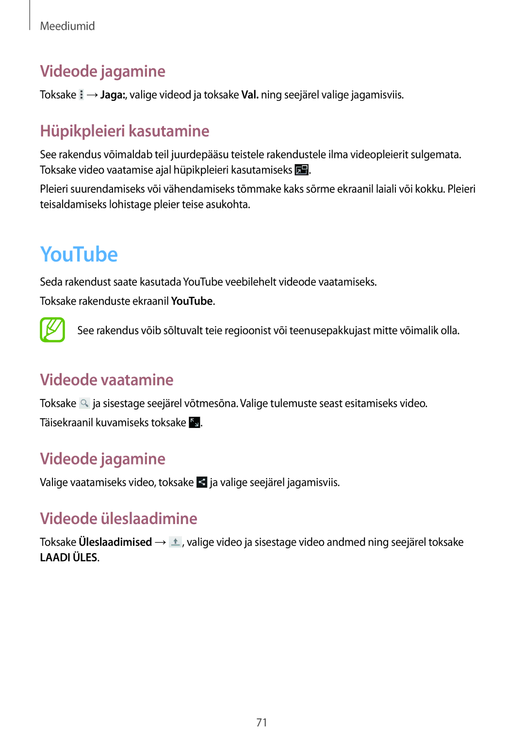 Samsung GT-P5220MKASEB manual YouTube, Videode jagamine, Hüpikpleieri kasutamine, Videode vaatamine, Videode üleslaadimine 