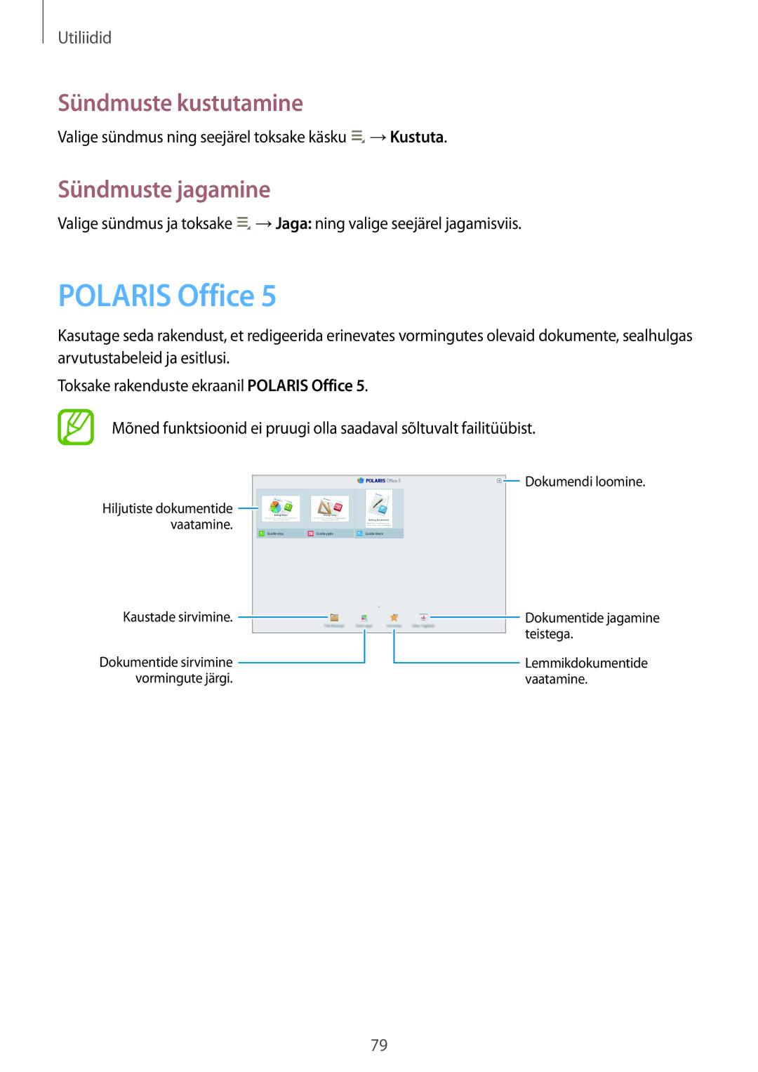 Samsung GT-P5220MKASEB, GT-P5220ZWASEB manual Polaris Office, Sündmuste kustutamine, Sündmuste jagamine 