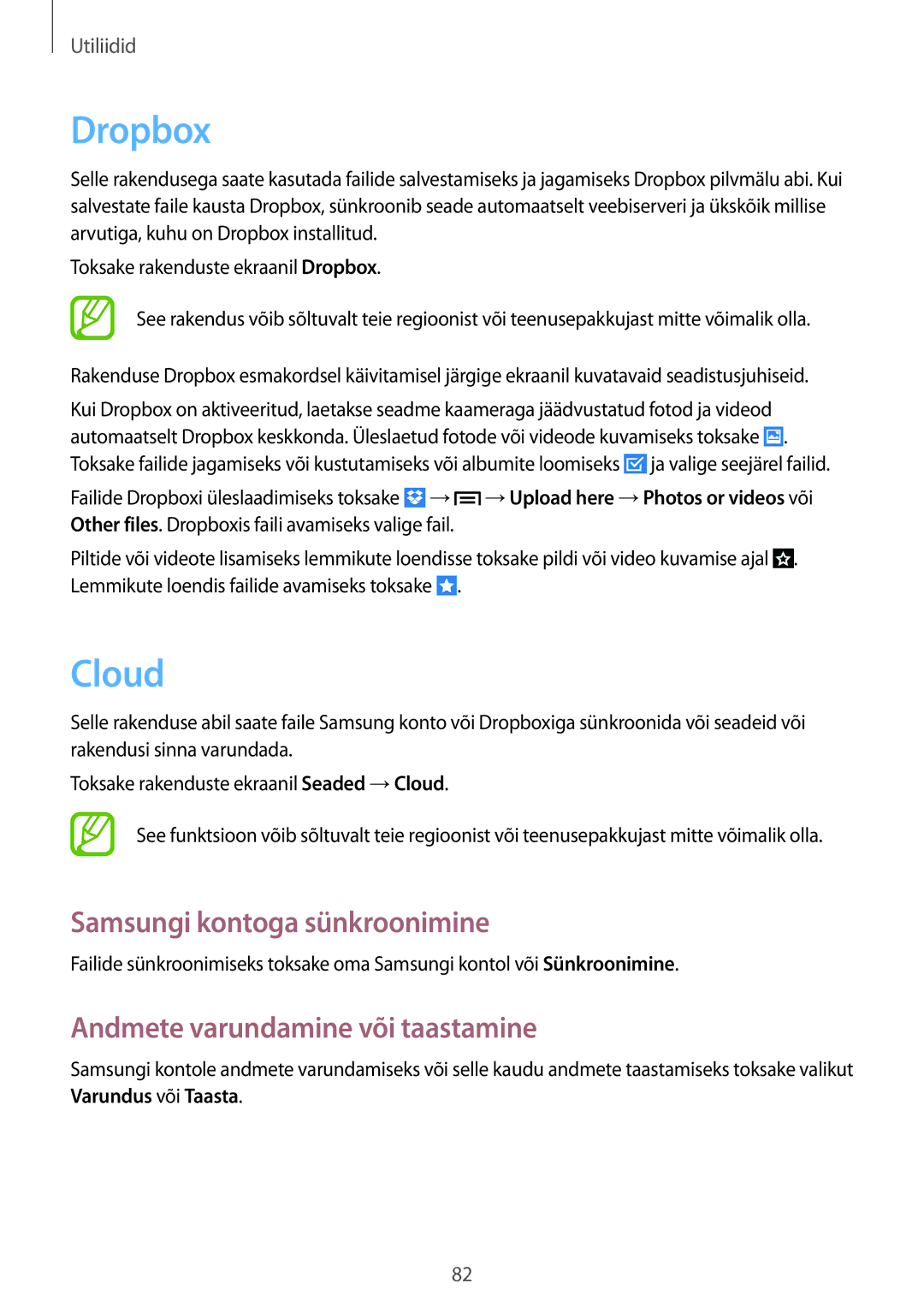 Samsung GT-P5220ZWASEB, GT-P5220MKASEB Dropbox, Cloud, Samsungi kontoga sünkroonimine, Andmete varundamine või taastamine 