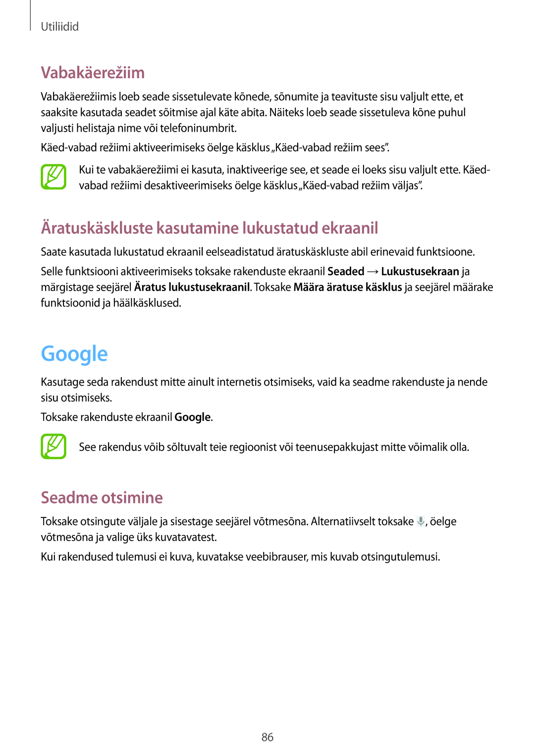 Samsung GT-P5220ZWASEB manual Google, Vabakäerežiim, Äratuskäskluste kasutamine lukustatud ekraanil, Seadme otsimine 