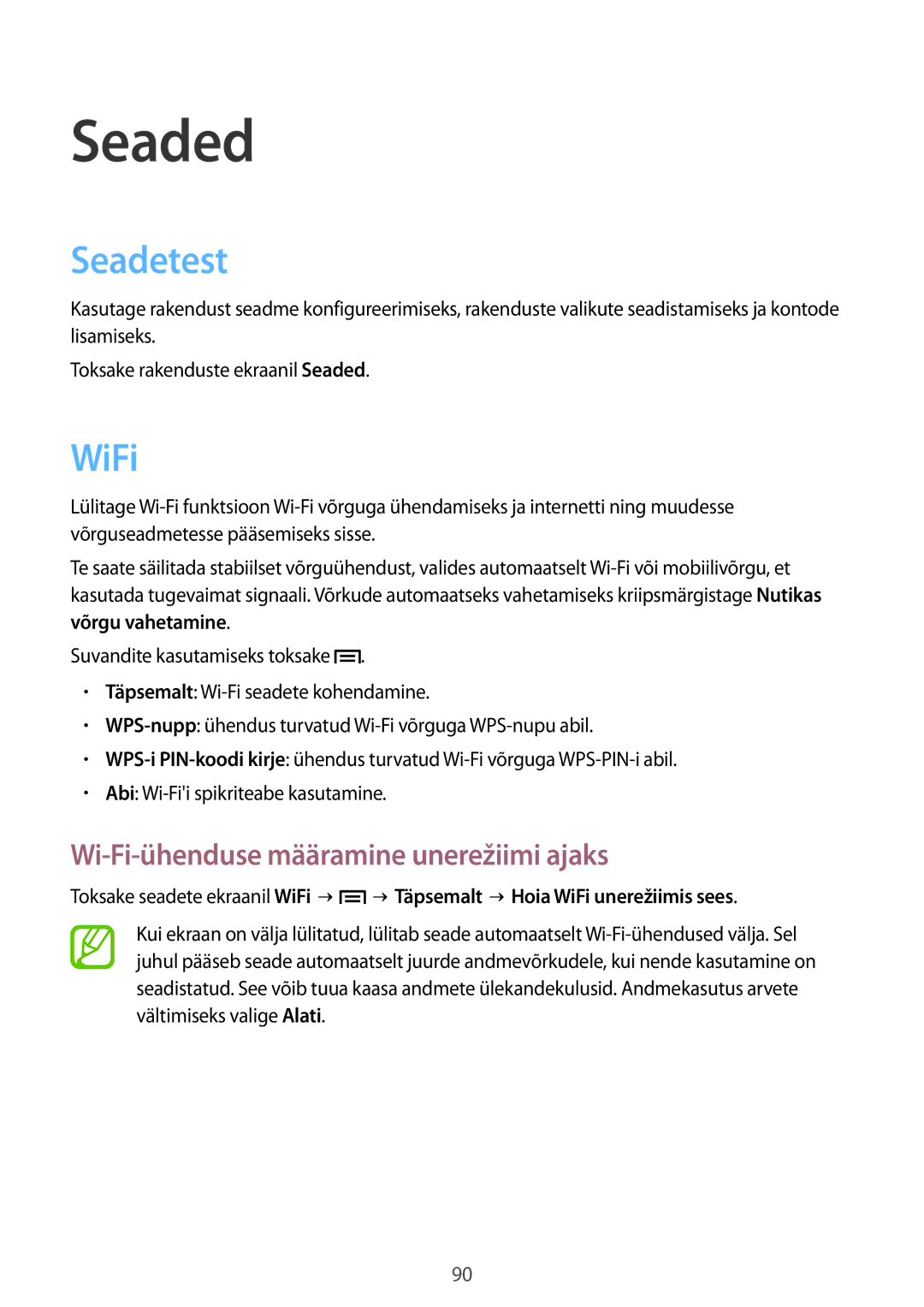 Samsung GT-P5220ZWASEB, GT-P5220MKASEB manual Seaded, Seadetest, WiFi, Wi-Fi-ühenduse määramine unerežiimi ajaks 