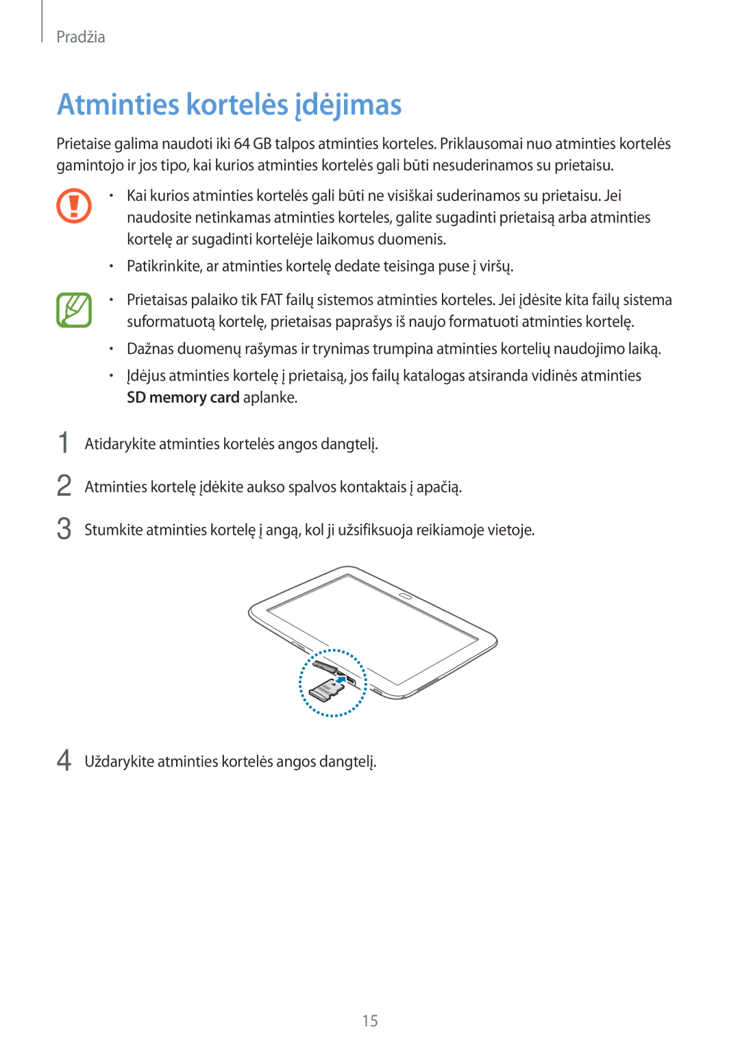 Samsung GT-P5220MKASEB, GT-P5220ZWASEB manual Atminties kortelės įdėjimas, SD memory card aplanke 